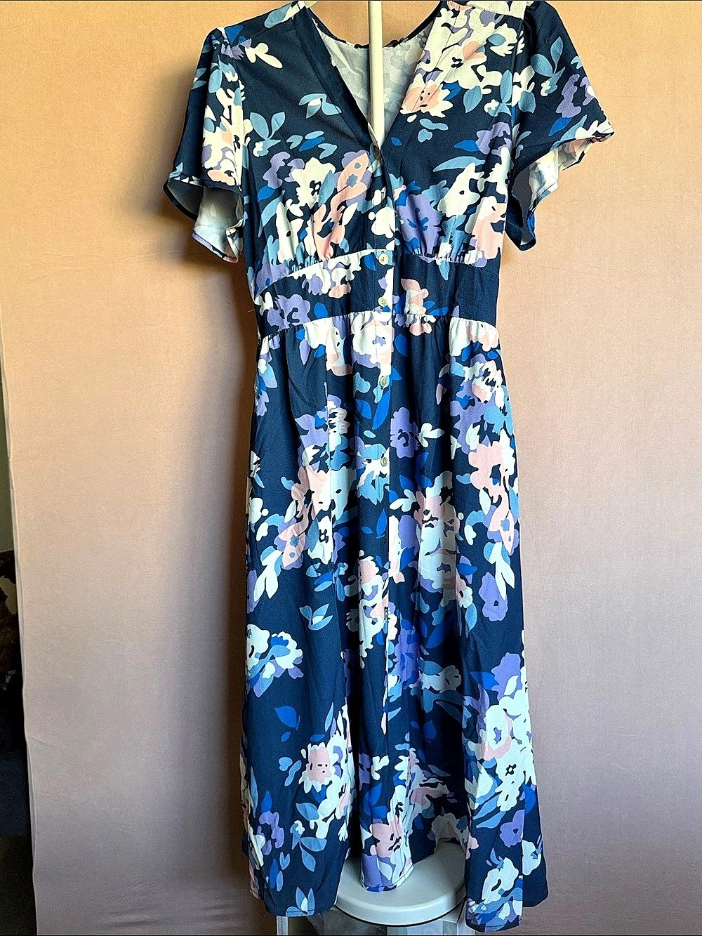 Royaleam Floral Midi Button Down Dress in Blue & Pink NWT